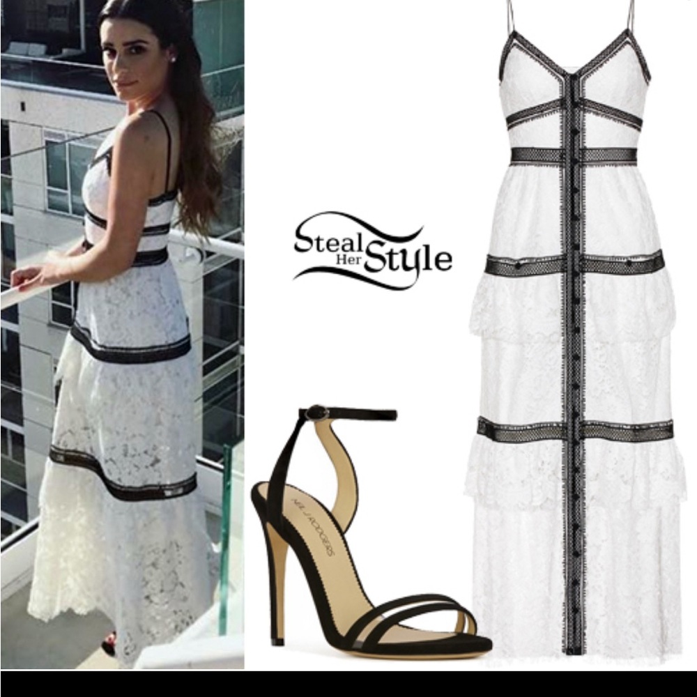 Self Portrait tiered guipure lace trim white black dress NWT UK 14 US10